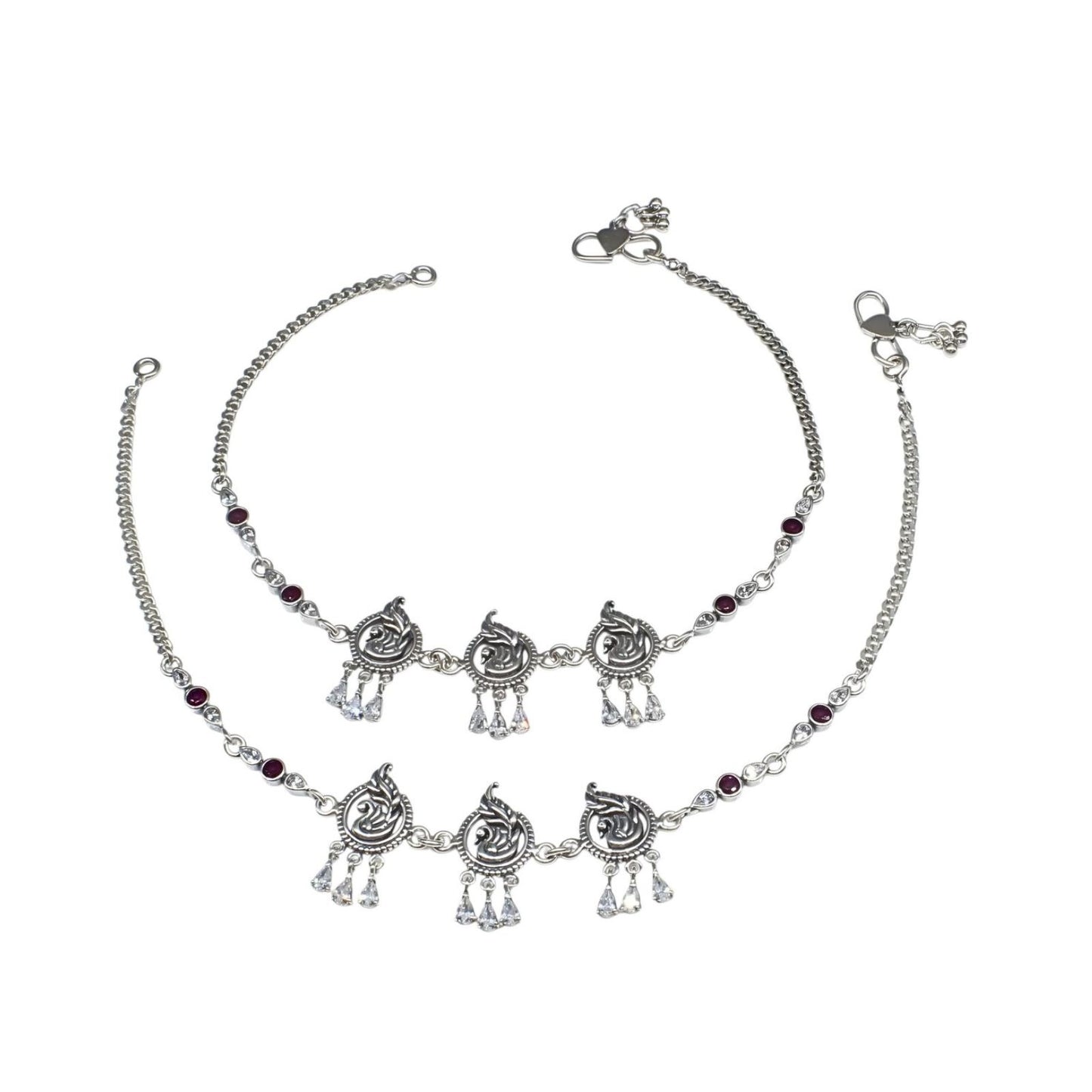 Beach wear 925 Sterling Silver Pink White CZ Oxidized peacock design women Anklet Pair 10"
