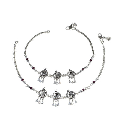 Beach wear 925 Sterling Silver Pink White CZ Oxidized peacock design women Anklet Pair 10"