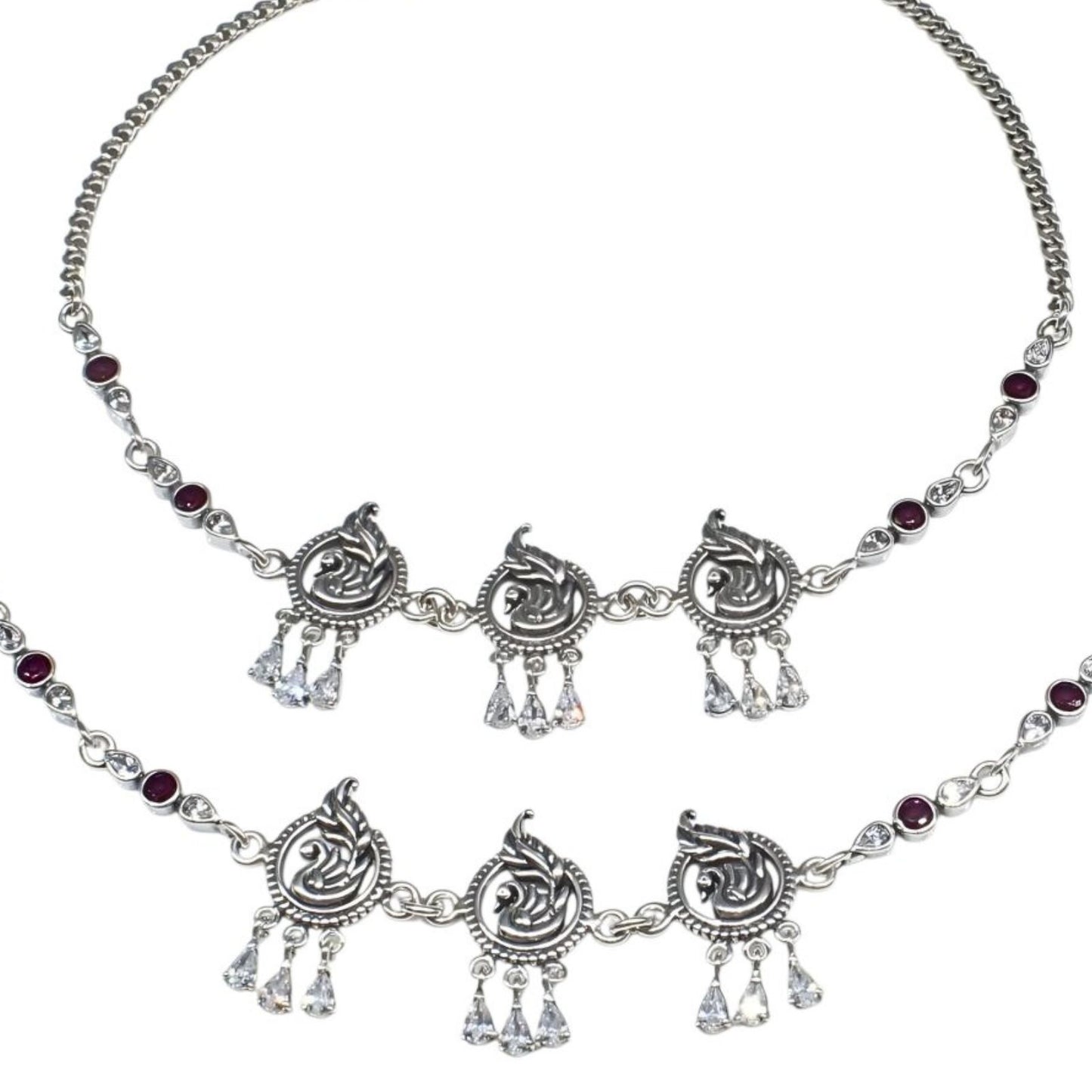 Beach wear 925 Sterling Silver Pink White CZ Oxidized peacock design women Anklet Pair 10"