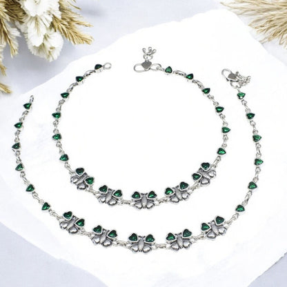 925 Sterling Silver Green CZ Oxidized women Butterfly Anklet Pair 10.5"