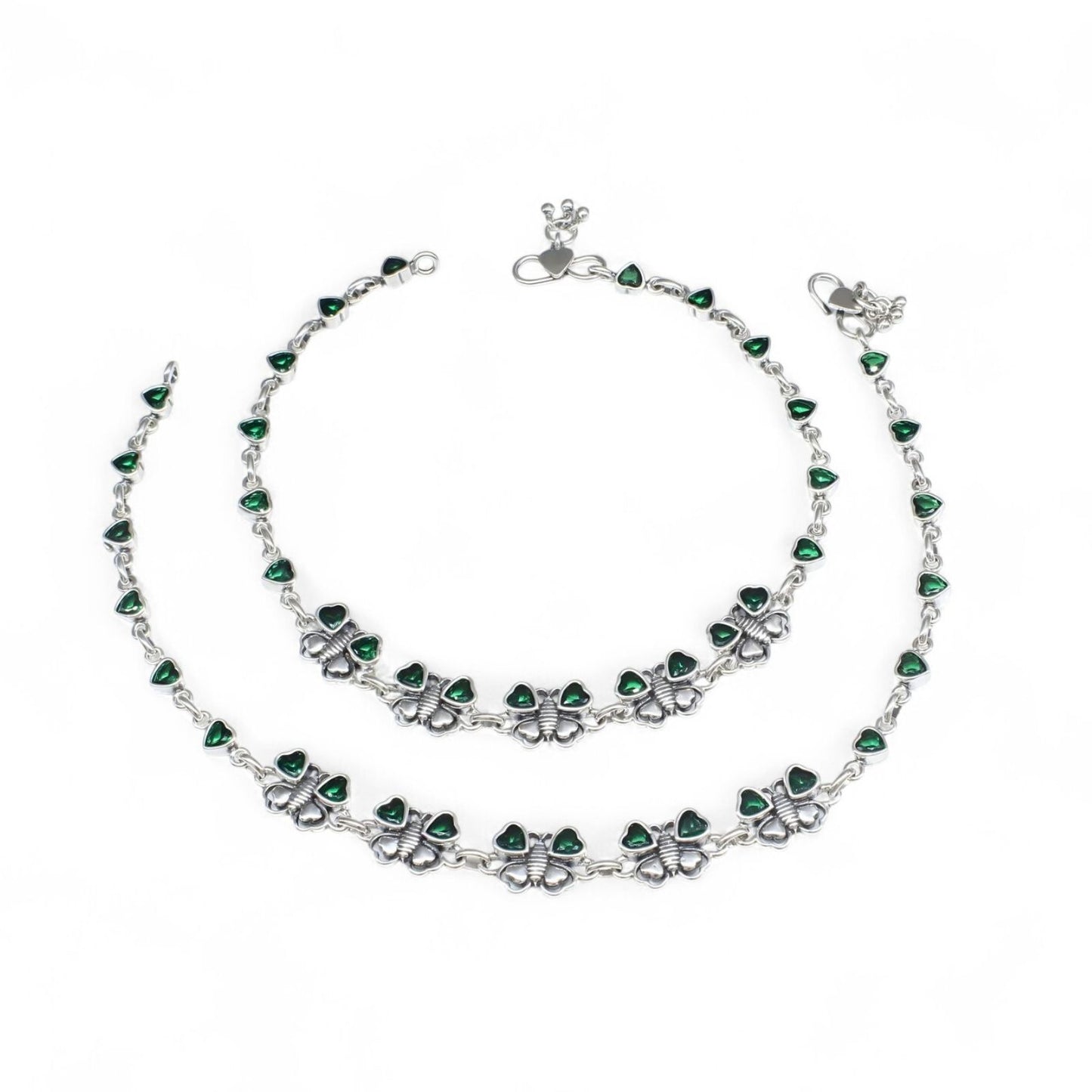 925 Sterling Silver Green CZ Oxidized women Butterfly Anklet Pair 10.5"
