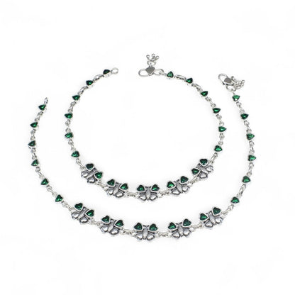 925 Sterling Silver Green CZ Oxidized women Butterfly Anklet Pair 10.5"