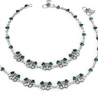 925 Sterling Silver Green CZ Oxidized women Butterfly Anklet Pair 10.5"