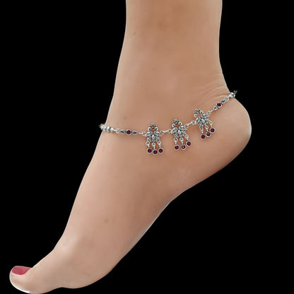Divine 925 Sterling Silver Pink White CZ Oxidized women peacock Anklet Pair 10.5"