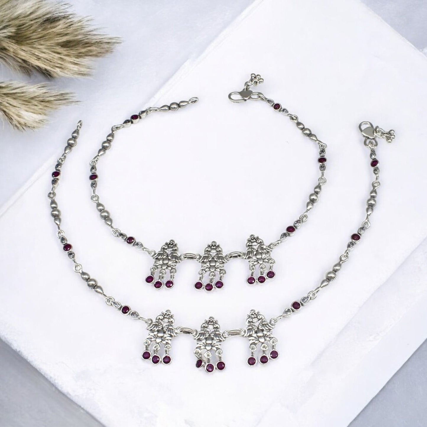 Divine 925 Sterling Silver Pink White CZ Oxidized women peacock Anklet Pair 10.5"