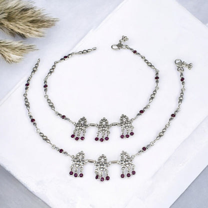 Divine 925 Sterling Silver Pink White CZ Oxidized women peacock Anklet Pair 10.5"