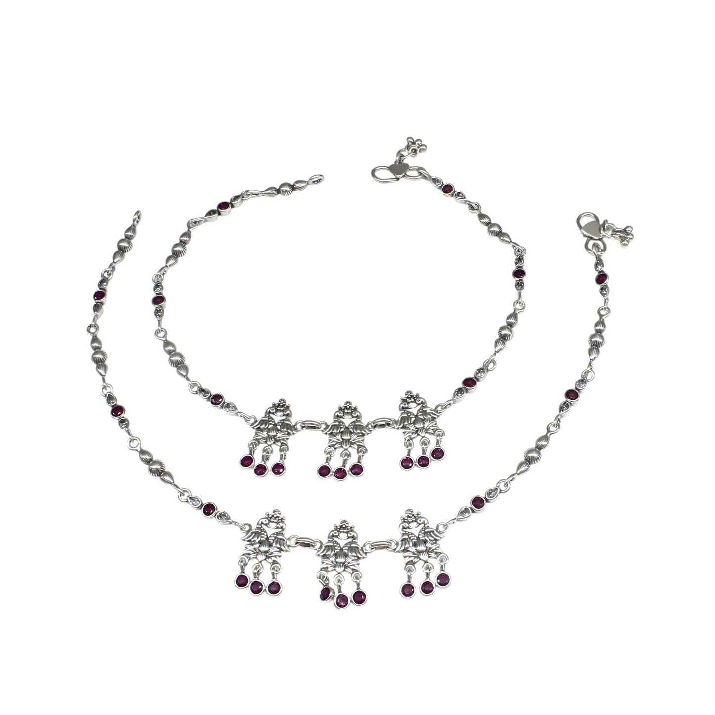 Divine 925 Sterling Silver Pink White CZ Oxidized women peacock Anklet Pair 10.5"