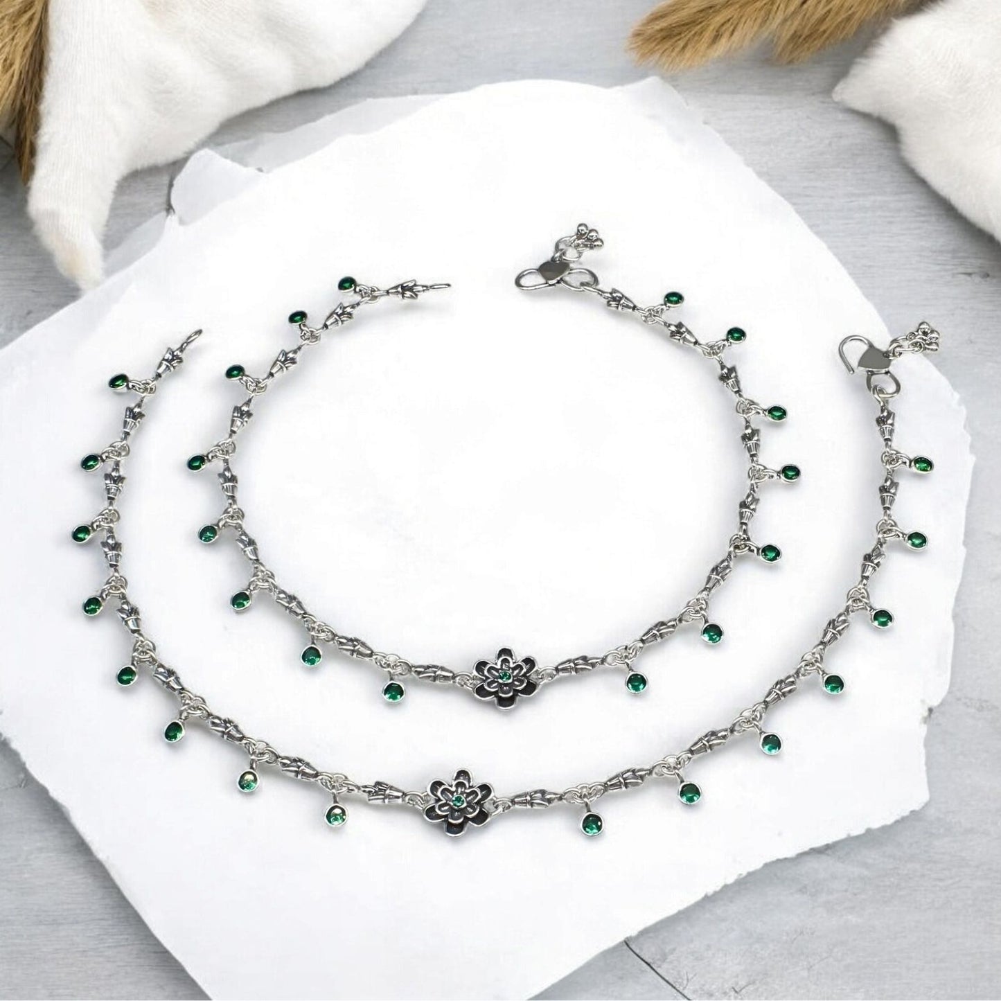 925 Sterling Silver Green CZ Oxidized women cute floral Anklet Pair 10.3"