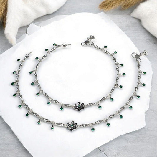 925 Sterling Silver Green CZ Oxidized women cute floral Anklet Pair 10.3"
