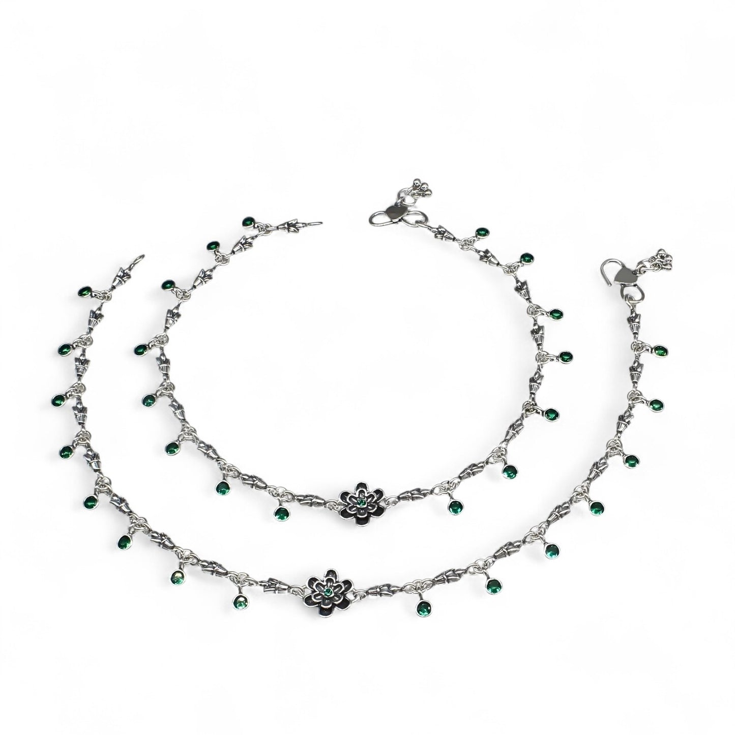 925 Sterling Silver Green CZ Oxidized women cute floral Anklet Pair 10.3"