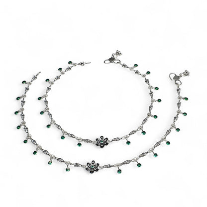 925 Sterling Silver Green CZ Oxidized women cute floral Anklet Pair 10.3"