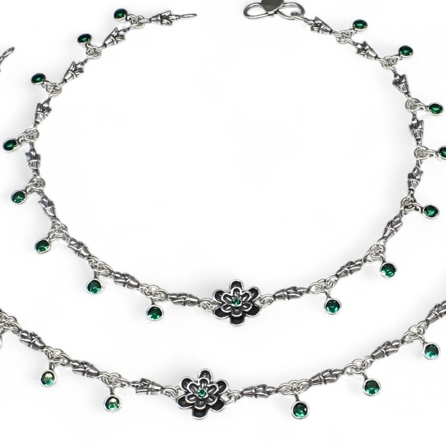 925 Sterling Silver Green CZ Oxidized women cute floral Anklet Pair 10.3"