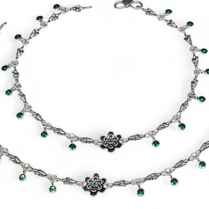 925 Sterling Silver Green CZ Oxidized women cute floral Anklet Pair 10.3"