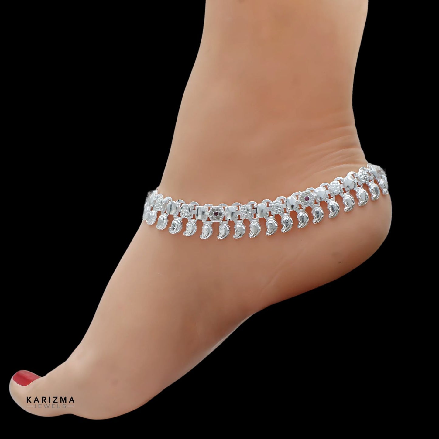 Real Silver Indian women wedding designer pink white CZ Anklets Ankle Pair 10.8"