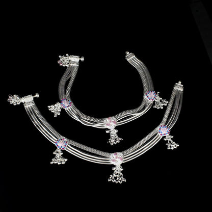 Indian Bridle style Real Silver women multi CZ Anklets Ankle Pair 10"