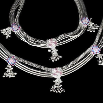 Indian Bridle style Real Silver women multi CZ Anklets Ankle Pair 10"