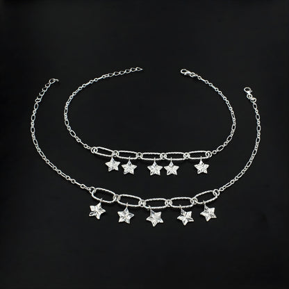 925 Sterling Silver Dazzling Stars Charm Chain Payal Boho Anklet Pair 10.5"