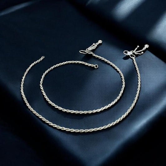 925 Sterling Silver rope design women payal Chain Anklet Pair 10.3"