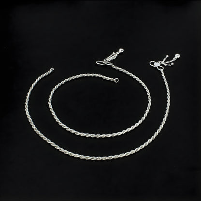 925 Sterling Silver rope design women payal Chain Anklet Pair 10.3"