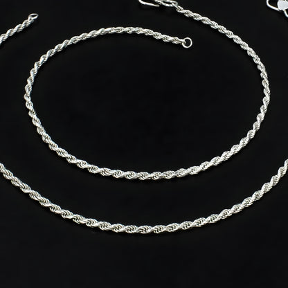 925 Sterling Silver rope design women payal Chain Anklet Pair 10.3"