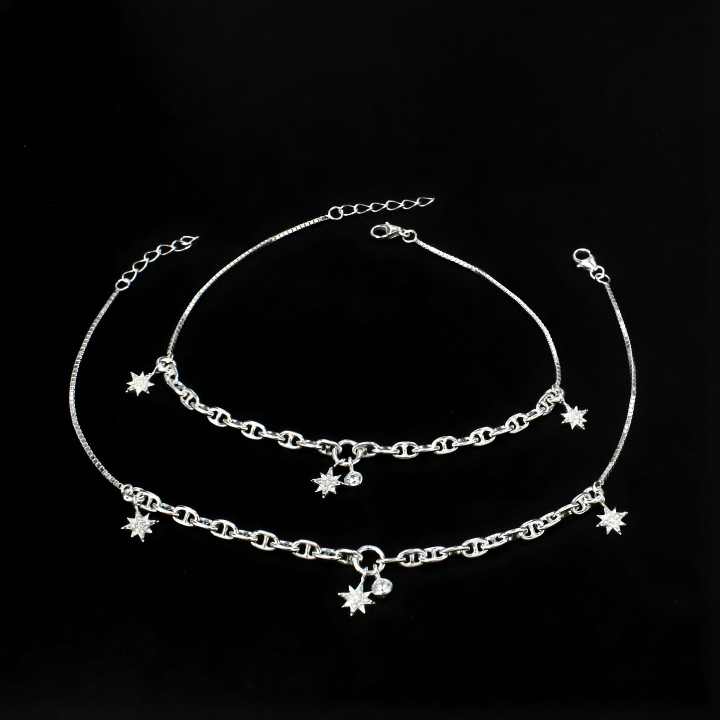 Daily wear 925 Sterling Silver White CZ Star Charm Chain Anklet Payal Pair 10.5"