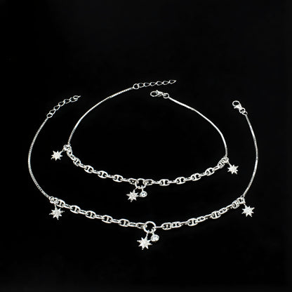Daily wear 925 Sterling Silver White CZ Star Charm Chain Anklet Payal Pair 10.5"