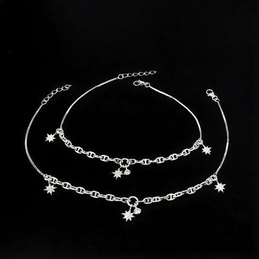 Daily wear 925 Sterling Silver White CZ Star Charm Chain Anklet Payal Pair 10.5"