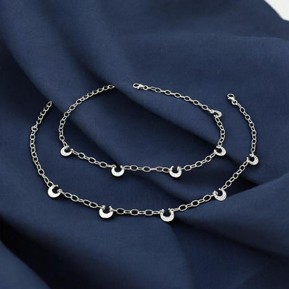 925 Sterling Silver Girlish Moon Charms Chain Jhanjhar Anklet Pair 10.4"