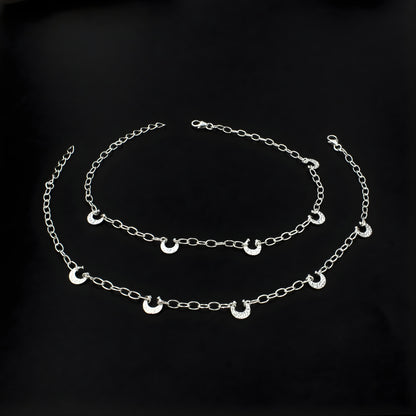 925 Sterling Silver Girlish Moon Charms Chain Jhanjhar Anklet Pair 10.4"
