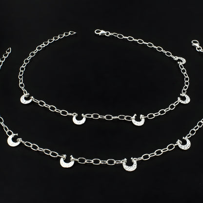925 Sterling Silver Girlish Moon Charms Chain Jhanjhar Anklet Pair 10.4"