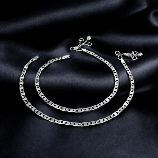 925 Sterling Silver Women Flat Mariner Link Chain Payal Anklet Pair 10.3"
