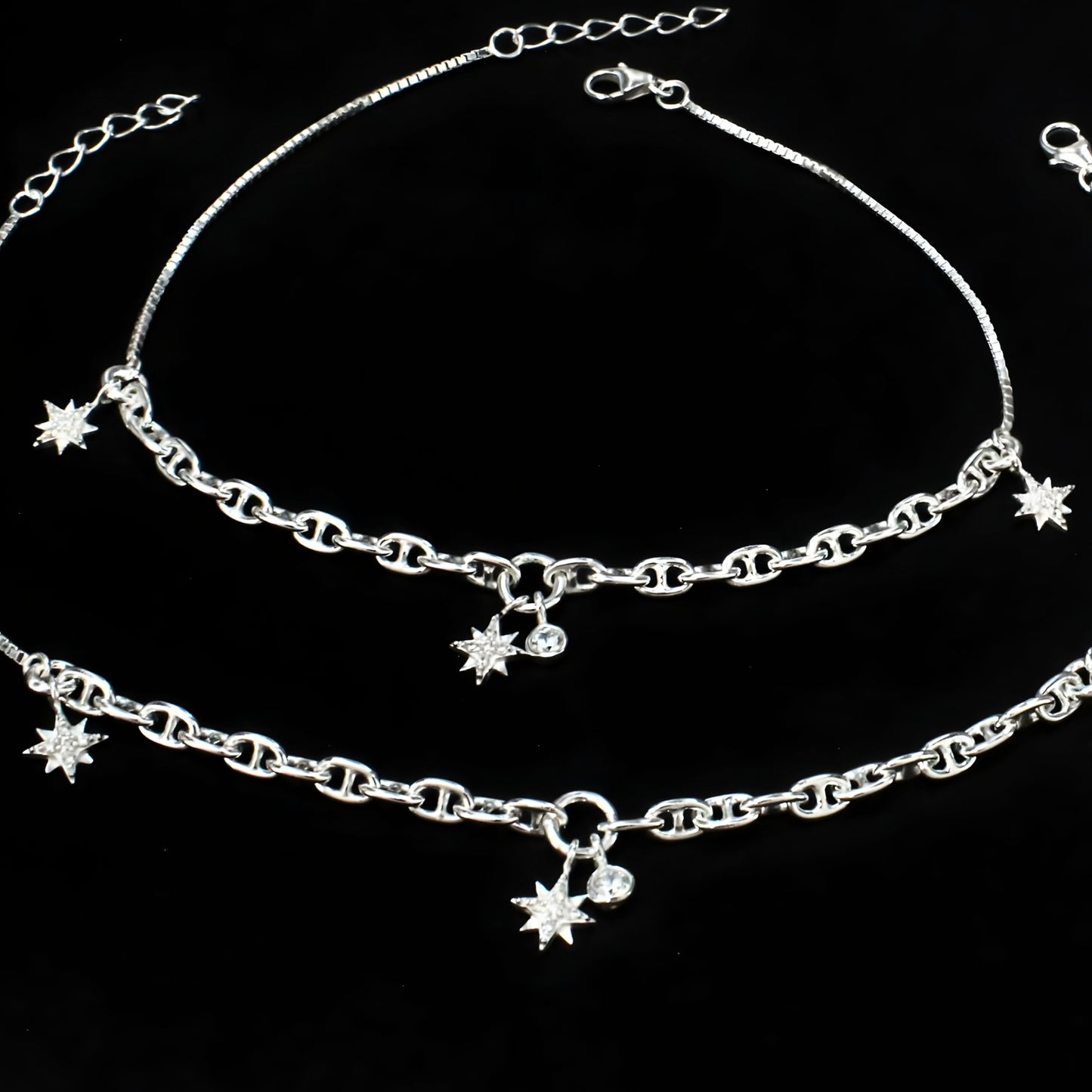 Daily wear 925 Sterling Silver White CZ Star Charm Chain Anklet Payal Pair 10.5"
