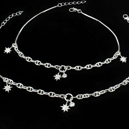 Daily wear 925 Sterling Silver White CZ Star Charm Chain Anklet Payal Pair 10.5"