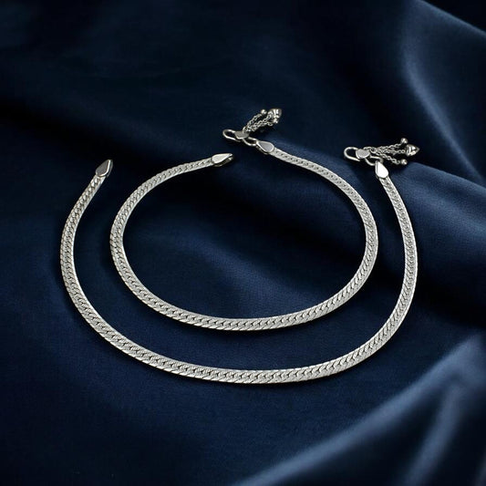925 Sterling Silver Women Snake Chain Gifting Payal Anklet Pair 10.3"