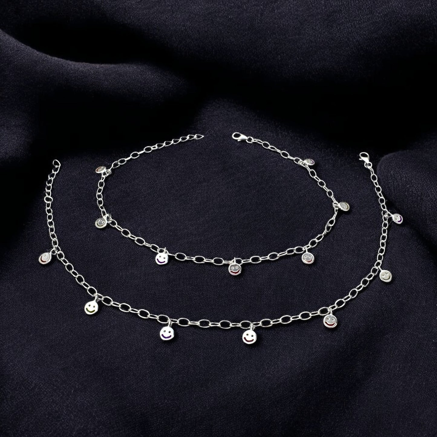 Dainty 925 Sterling Silver Smiley Face Charm Chain Payal Anklet Pair 10.4"