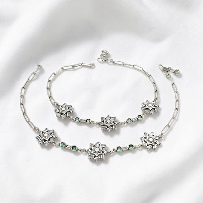 925 Sterling Silver Green White CZ Oxidised Payal Anklet Pair 10.3"