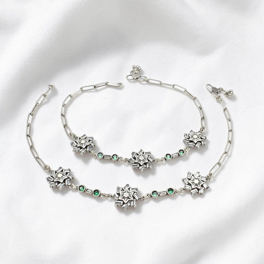 925 Sterling Silver Green White CZ Oxidised Payal Anklet Pair 10.3"