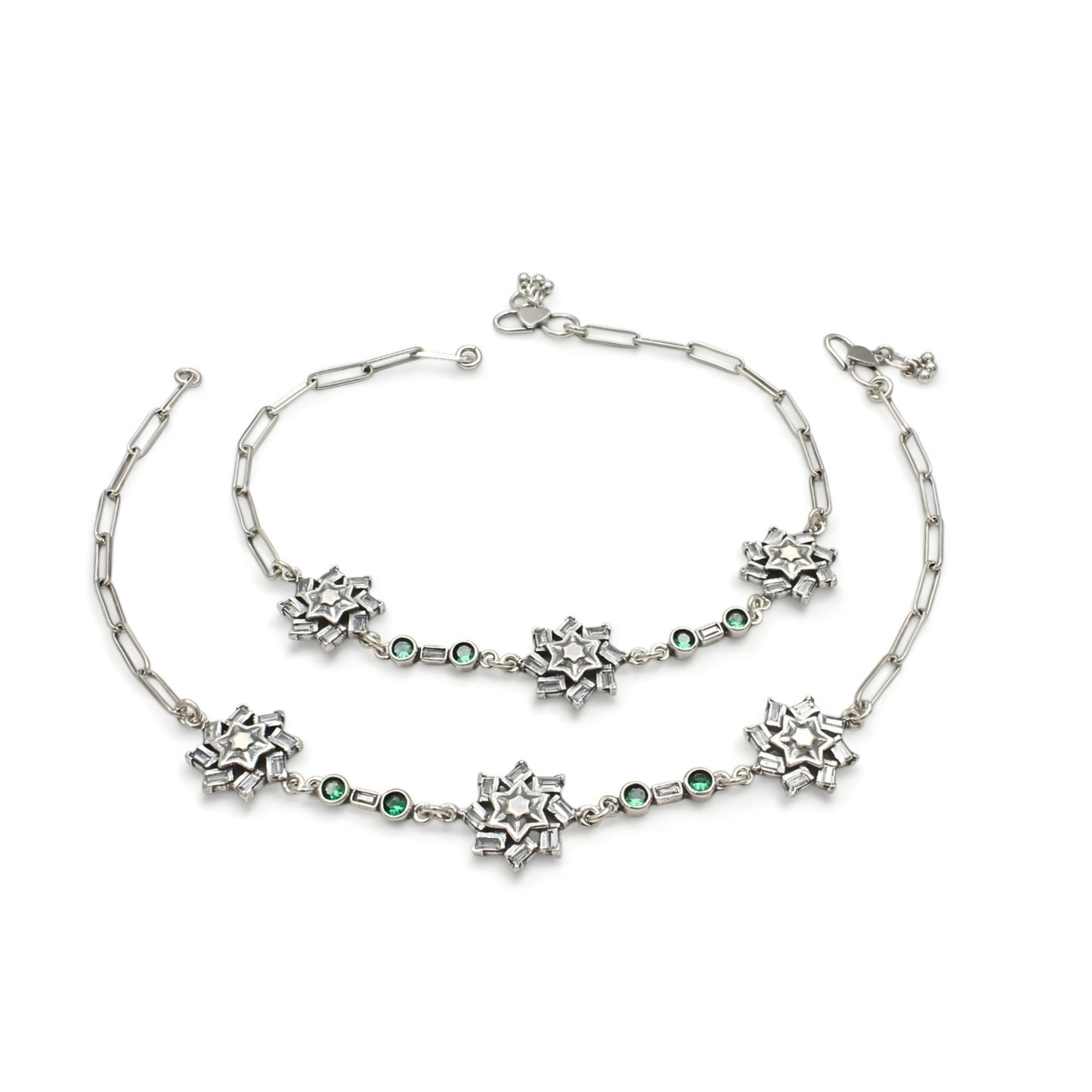 925 Sterling Silver Green White CZ Oxidised Payal Anklet Pair 10.3"