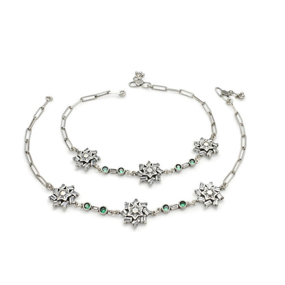 925 Sterling Silver Green White CZ Oxidised Payal Anklet Pair 10.3"