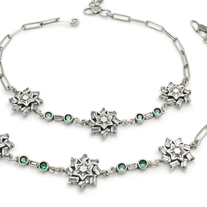 925 Sterling Silver Green White CZ Oxidised Payal Anklet Pair 10.3"