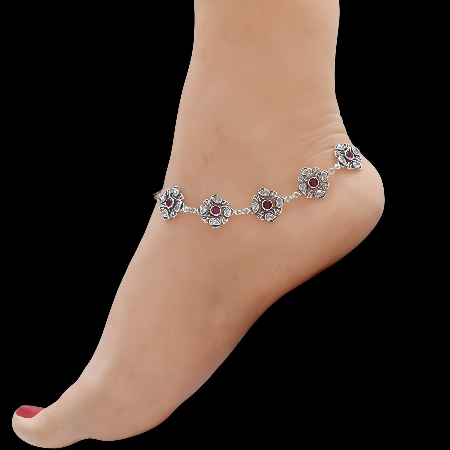 925 Sterling Silver Pink White CZ Oxidised Jhanjhar Anklet Pair 10.5"