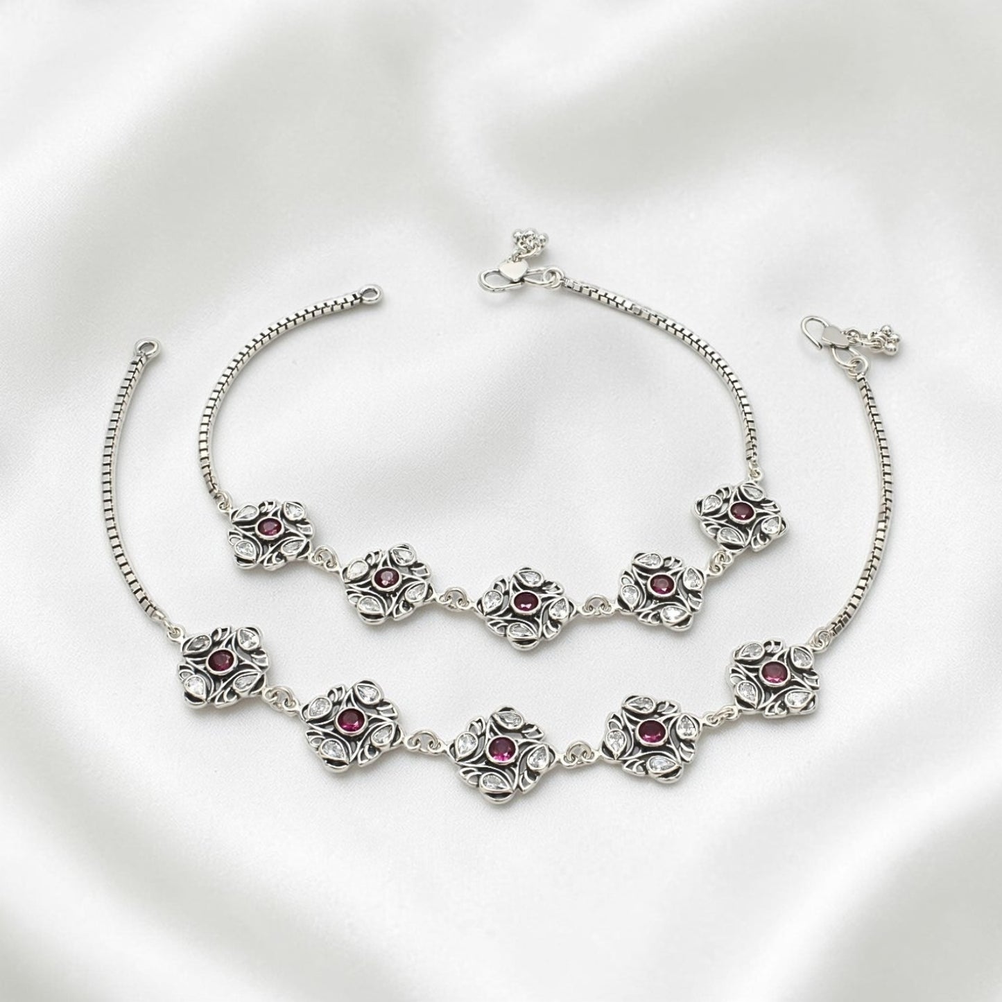 925 Sterling Silver Pink White CZ Oxidised Jhanjhar Anklet Pair 10.5"
