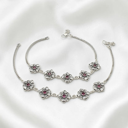 925 Sterling Silver Pink White CZ Oxidised Jhanjhar Anklet Pair 10.5"