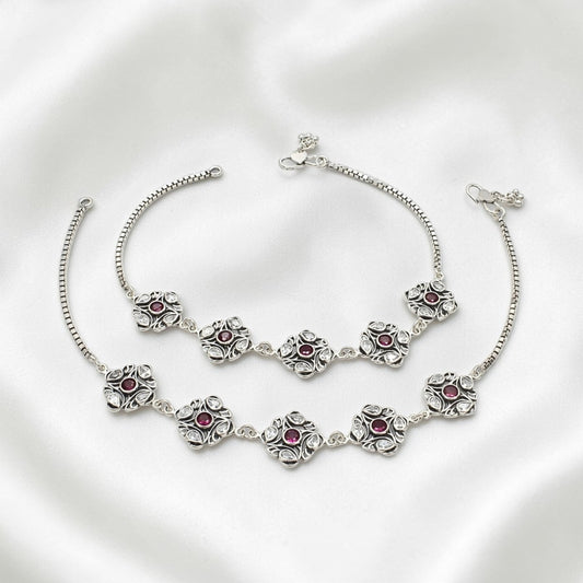 925 Sterling Silver Pink White CZ Oxidised Jhanjhar Anklet Pair 10.5"