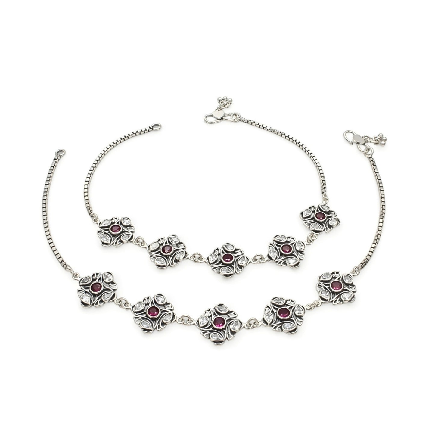 925 Sterling Silver Pink White CZ Oxidised Jhanjhar Anklet Pair 10.5"