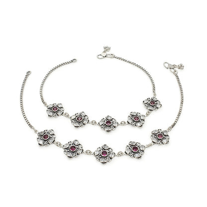 925 Sterling Silver Pink White CZ Oxidised Jhanjhar Anklet Pair 10.5"