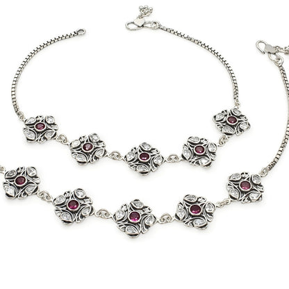 925 Sterling Silver Pink White CZ Oxidised Jhanjhar Anklet Pair 10.5"