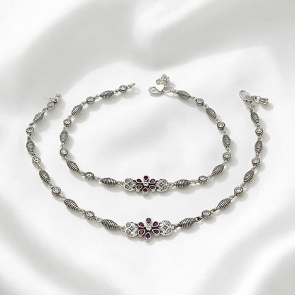 Beach style 925 Sterling Silver Pink White CZ Oxidised Payal Anklet Pair 10.3"