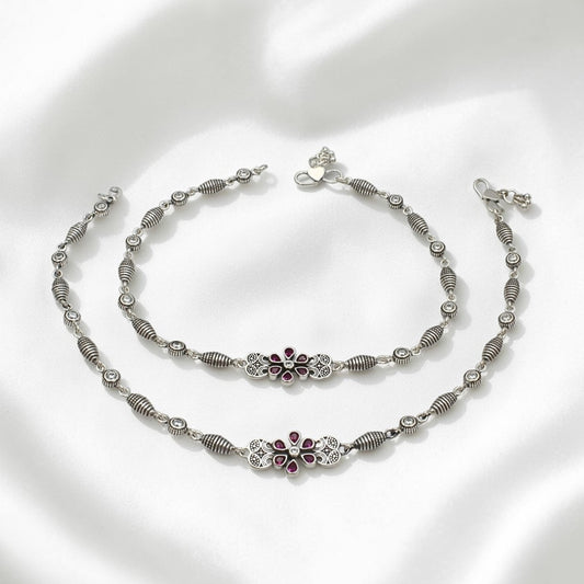 Beach style 925 Sterling Silver Pink White CZ Oxidised Payal Anklet Pair 10.3"