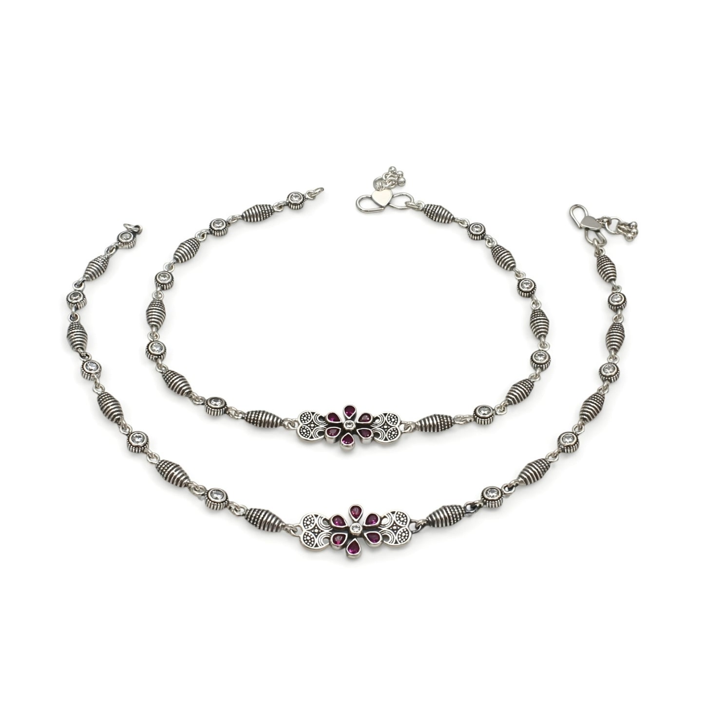 Beach style 925 Sterling Silver Pink White CZ Oxidised Payal Anklet Pair 10.3"